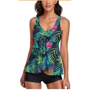 Womens Tropical Floral Tankini Swimsuit Set Boy Shorts Green Pink Blue Large